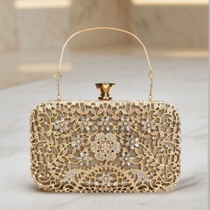 Hollow Out Style Rhinestones Golden Metal Banquet Christmas Gift Dress Purse Clutch Luxury Metal Rhinestones Evening Bags Flap P