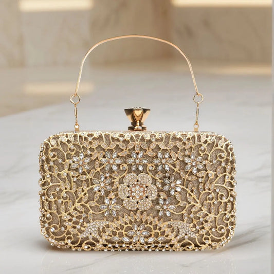 Hollow Out Style Rhinestones Golden Metal Banquet Christmas Gift Dress Purse Clutch Luxury Metal Rhinestones Evening Bags Flap P