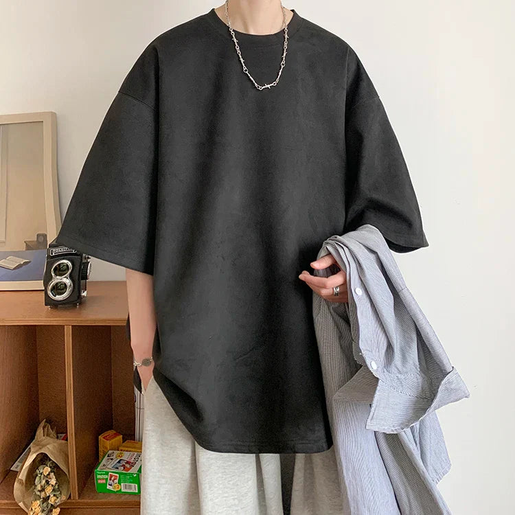 Summer Short Sleeved T-shirt Men Fashion Solid Color Round Neck T Shirt Men Streetwear Loose Suede Tshirt Mens Top M-3XL