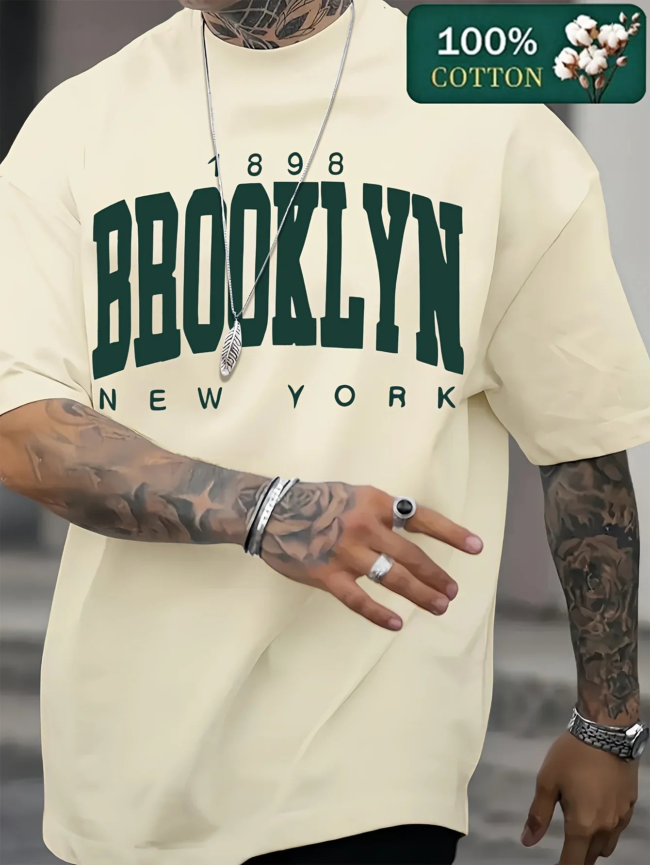 Men's Summer 100% Cotton Fashion 1898 Brooklyn New York Loose Casual Sports Round Neck Short Sleeve T-shirt Versatile Top