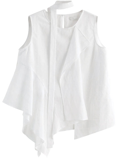 2026 Summer Women Asymmetrical Cut-out Tie-Neck Sleeveless Blouse Round Neck Top Soft Elegant Daily Layering Essential