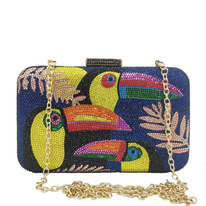 Novelty Toucan Bird Women Crystal Evening Bags Rhinestones Box Minaudiere Clutch Party Cocktail Handbag Diamond Chain Purse