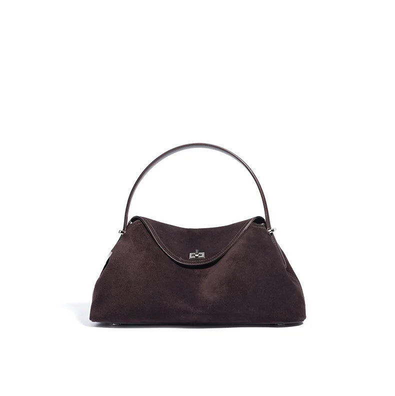 2026 Autumn Winter All-match Bowling Tote All-match Matte Suede Cowhide Leather Women Shoulder Bag Coffee Purple Noble Handbag