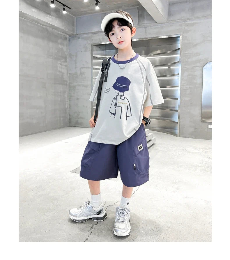 Teenage Summer Tracksuit for Boy with Shorts Tshirt 2 Piece Top and Bottom Clothes Set Kids Child Casual Cotton Outfit Suit Wear