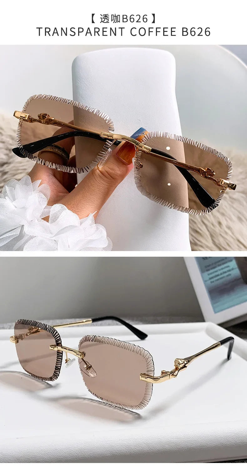 2025 European and American Fashion New Frameless Sunglasses Women Men Ins Square Eopard Head Metal Sun Glasses Ladies UV400