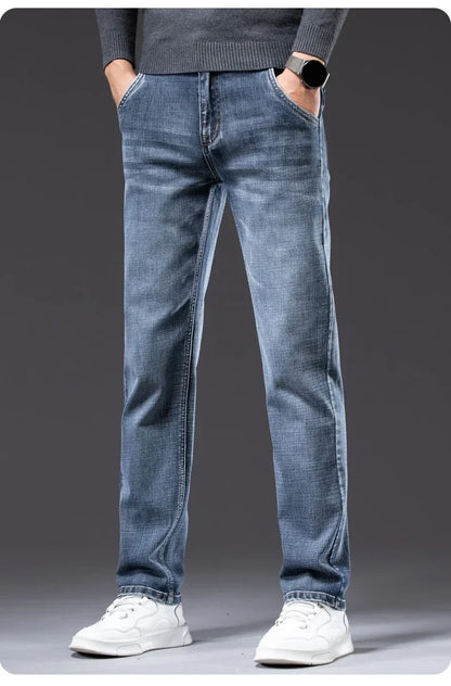 New Men's Slim Straight Elastic Jeans Fashion Business Casual Comfortable Soft Denim Trousers High Quality Mens Designer Clothes