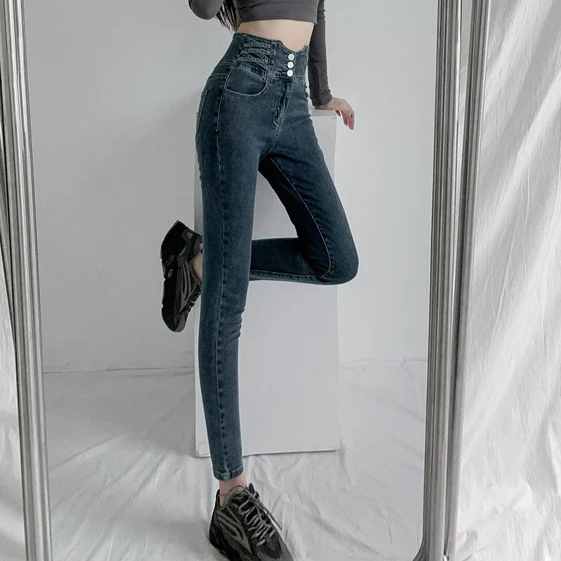 Skinny Pencil Y2K Jeans Four Buttons Vintage High Waist Women Slim Stretch Denim Pants Tight Trousers 2025 Women's Denim Pants