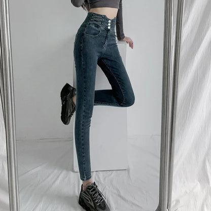 Skinny Pencil Y2K Jeans Four Buttons Vintage High Waist Women Slim Stretch Denim Pants Tight Trousers 2025 Women's Denim Pants