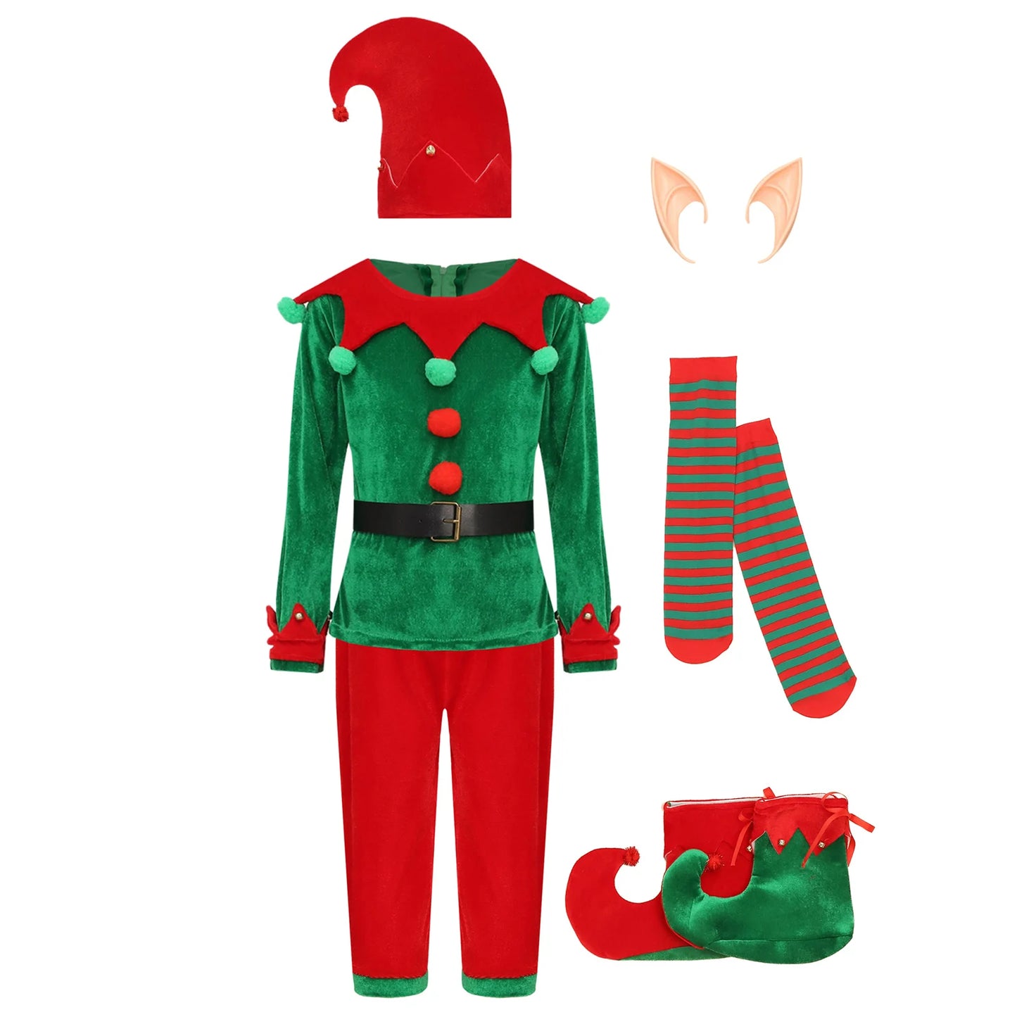 Boys Christmas Elf Costume Xmas Santa Clause Set with Shirt Pants Hat Elf Ears Belt Stockings Festivals New Year Fancy Dress Up