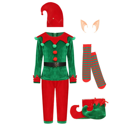 Boys Christmas Elf Costume Xmas Santa Clause Set with Shirt Pants Hat Elf Ears Belt Stockings Festivals New Year Fancy Dress Up