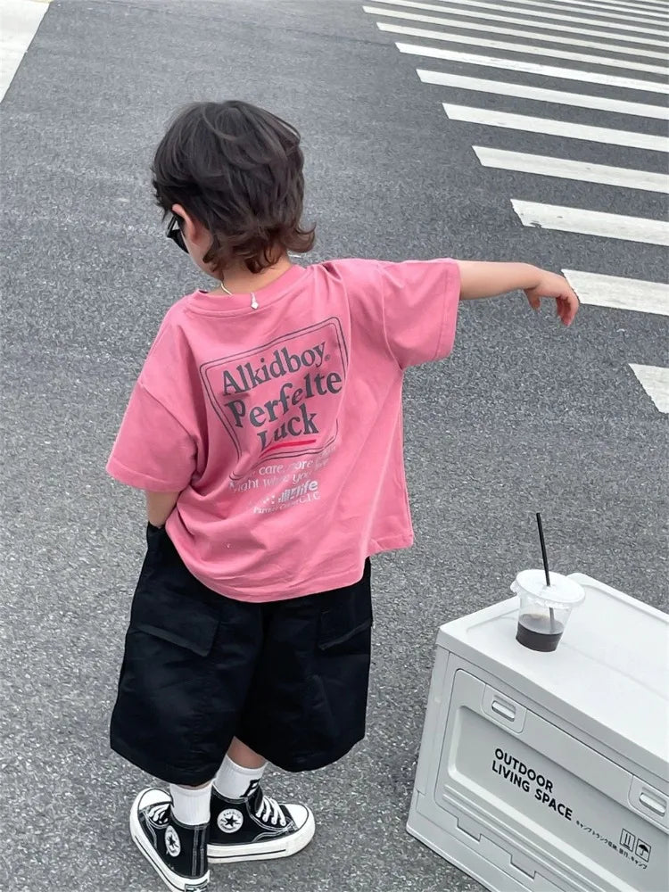 Japanese Style Boys 100% Pure Cotton T-Shirt 2026 Summer Kids Loose Comfortable Trendy Top