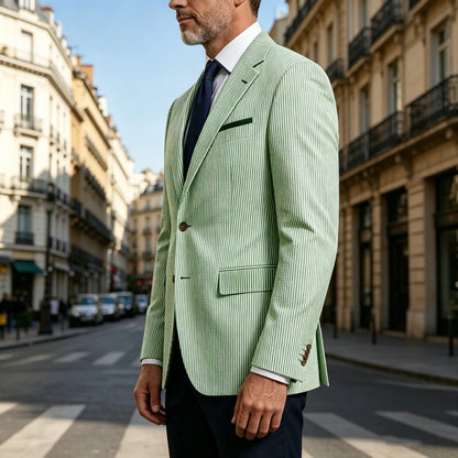 Men's Striped Seersucker Blazer Slim Fit Casual Suit Jacket Formal Business Coat Breathable Spring Summer Streetwear Outerwear