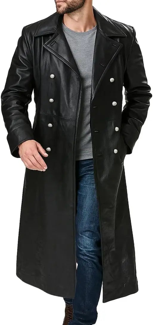 Men's Black Leather Long Trench Coat Marine Imperial Navy U-Boat Submarine Captain Brown Leather Jacket