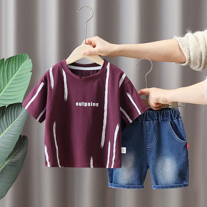 Hot Sale Baby Boys Clothes Children Cotton Printe Causal T Shirts Denim Shorts 2Pcs/set Infant Kids Toddler Tracksuits 0-5 Years