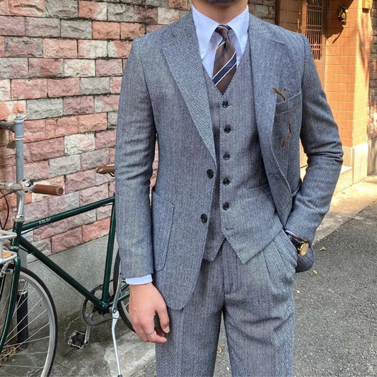 New Retro Herringbone Slim Fit Men's Suit Gentlemen's 3-piece Suit Single Breasted Handsome Autumn Winter Business Casual Formal