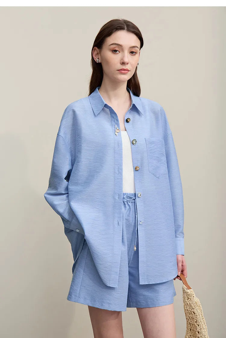 Women's Casual Shirts 2026 Summer New Holiday Style Separate Shorts Long Sleeve Top Single Loose Solid Shorts 12652027