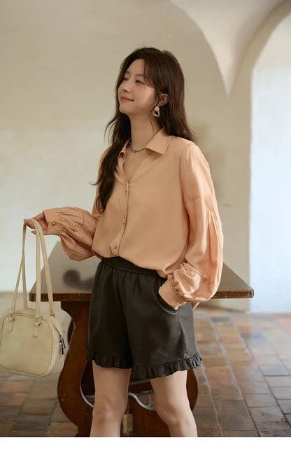 Women's Shirt Lantern Sleeve Hollow Out Tops 2025 Autumn Single Breasted Solid Shirts Lapel Shirt Office Lady MXE41C2359