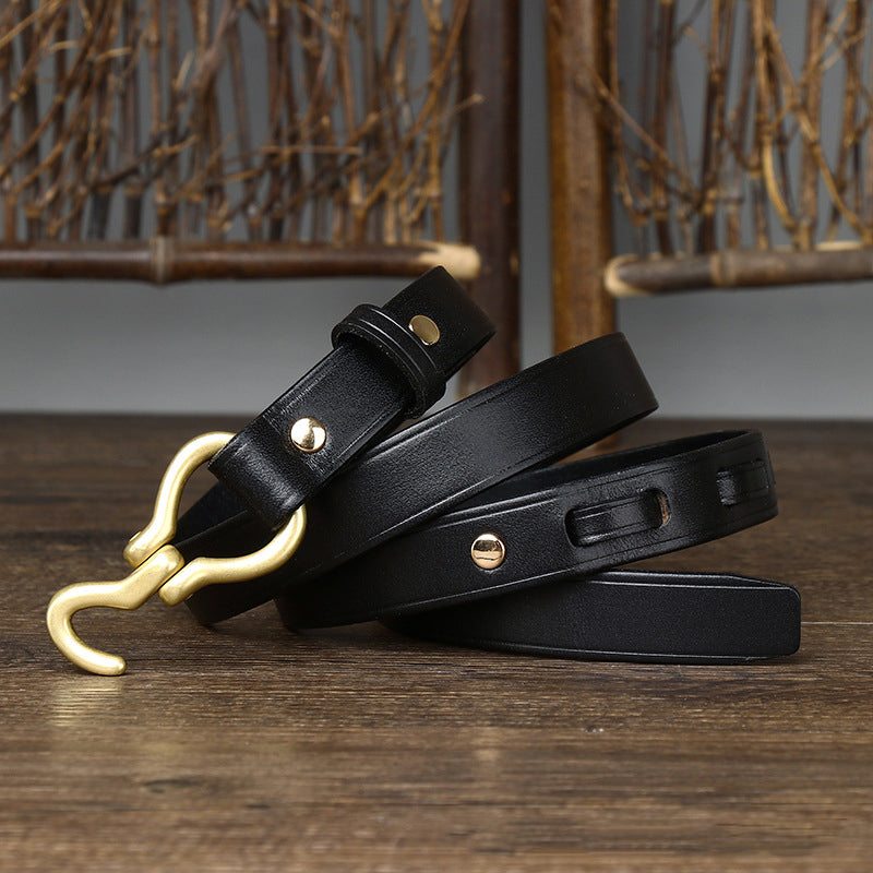 2.0 CM Ladies Pure Cowhide High Quality Genuine Leather Hook Belts for Women Brand Strap Brass Buckle Jeans Cowboy Thin Belt