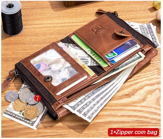 BULLCAPTAIN Portefeuille rétro en cuir pour homme avec fermeture éclair, porte-monnaie court, porte-cartes, porte-monnaie, portefeuille RFID QB06