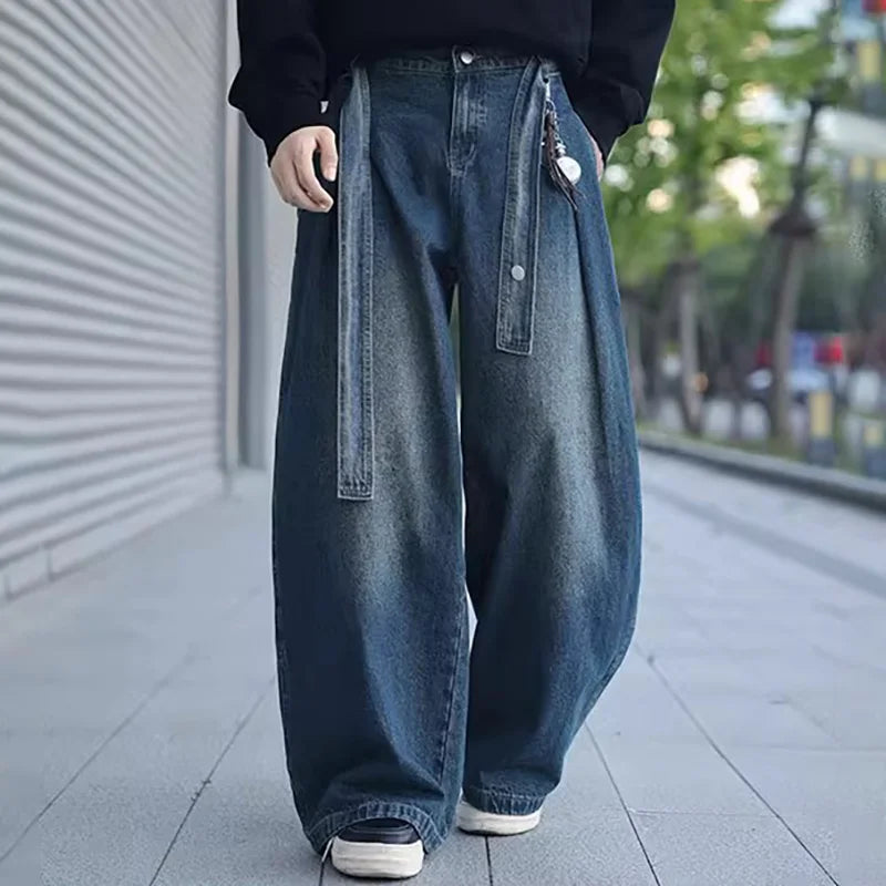 Korean Style Design Belt Jeans Men'S Casual Loose Retro Blue Straight Leg Pants High Street Wide Leg Pants
