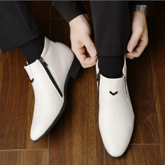 Men Handcrafted Leather Ankle Boots Side Zipper Pointed Toe Chelsea Boots Comfortable Non-slip Formal Business Casual Shoes 2026