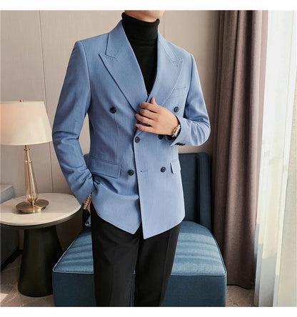 Classic Luxury Striped Men Suit Jacket Fashion Double Breasted Business Office Wedding Tuxedos Male High Quality Slim Fit Blazer