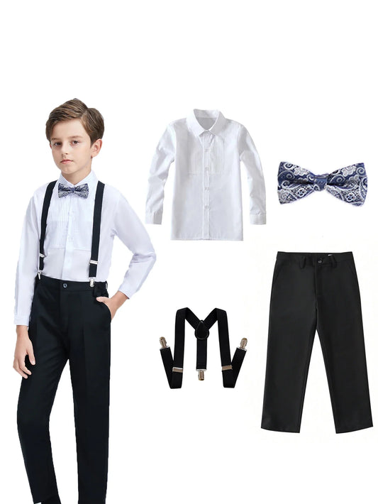 4pcs/set Boys' Suit Set With  Shirt , Pants  Tie And Straps School Uniforms