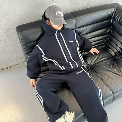 SpringAutumn Boys Navy Striped Zip Sweatshirt Jacket+Sweatpant Work Set School Kids 2PCS Tracksuit Children Jogger Outfit 5-16Yr