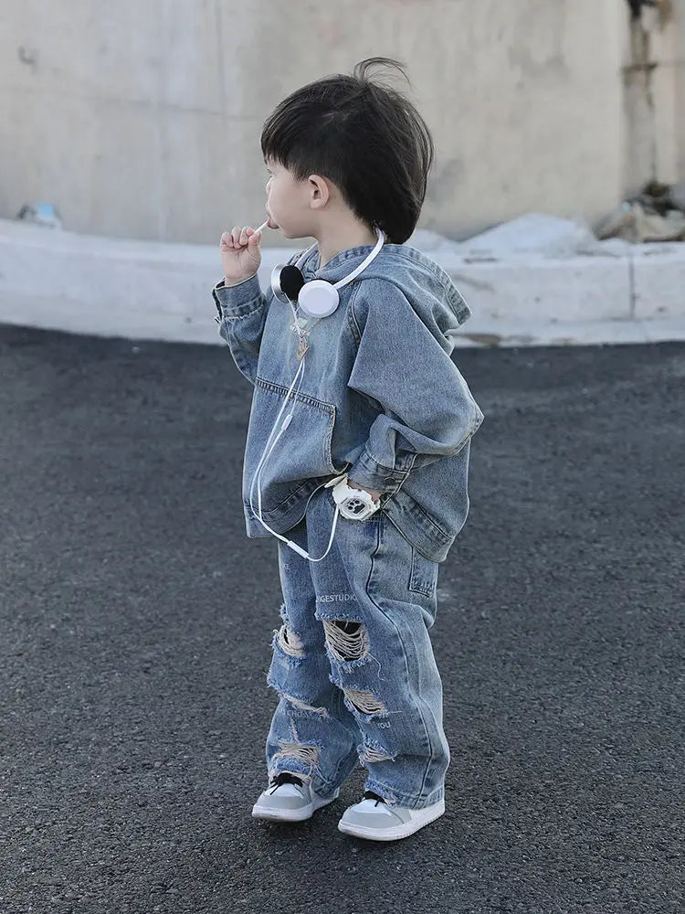 Children's Clothing Boy Denim Jacket Hoodies + Jeans 2 Pcs Set Autumn Spring Vintage Hole Pants Children's Hooded Pullover Top