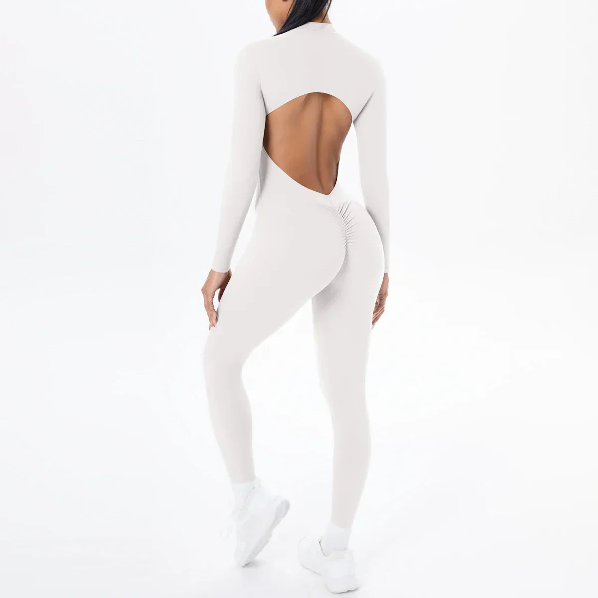 Solid Color Bodysuits for Woman's Backless Long Sleeved Zipper Yoga Jumpsuits High Dtrength Workout Sports Fitness Clothing Set