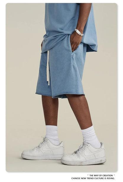 New Summer Men Retro Washed Shorts Unisex Drawstring Loose Edge 420gsm Solid Knee Length Cotton Pants Streetwears HY0589