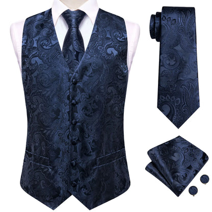 Navy Blue Mens Silk Vests Business Paisley V-Necl Waistcoat Tie Hanky Cufflinks Brooch Set for Men Suit Wedding Formal Hi-Tie