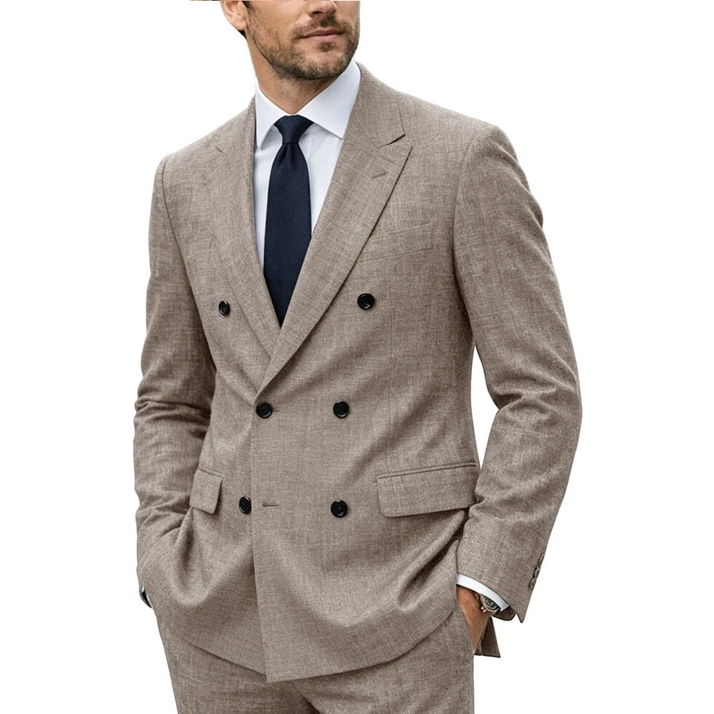 Men's Linen Suit Set  Double Breasted Slim Fit Peak Lapel Formal Blazer Pants Breathable Business Wedding Groom Tuxedo