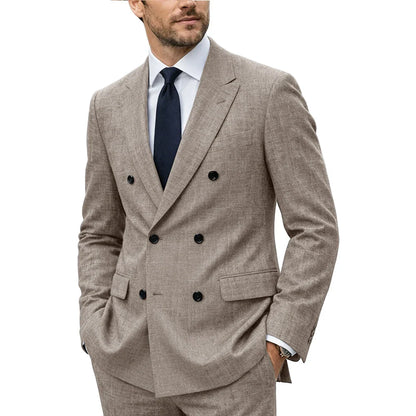 Men's Linen Suit Set  Double Breasted Slim Fit Peak Lapel Formal Blazer Pants Breathable Business Wedding Groom Tuxedo