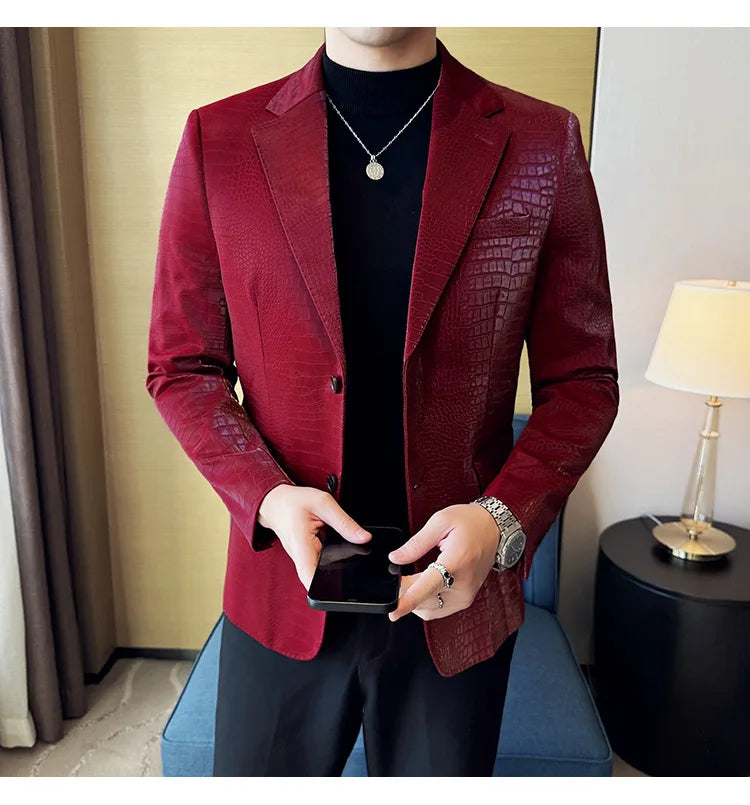 New High Quality Crocodile Stripe Slim Fit Leather Jacket Classic Business Casual Slim Fit Men Blazer Tuxedos Men Clothing 4XL-M