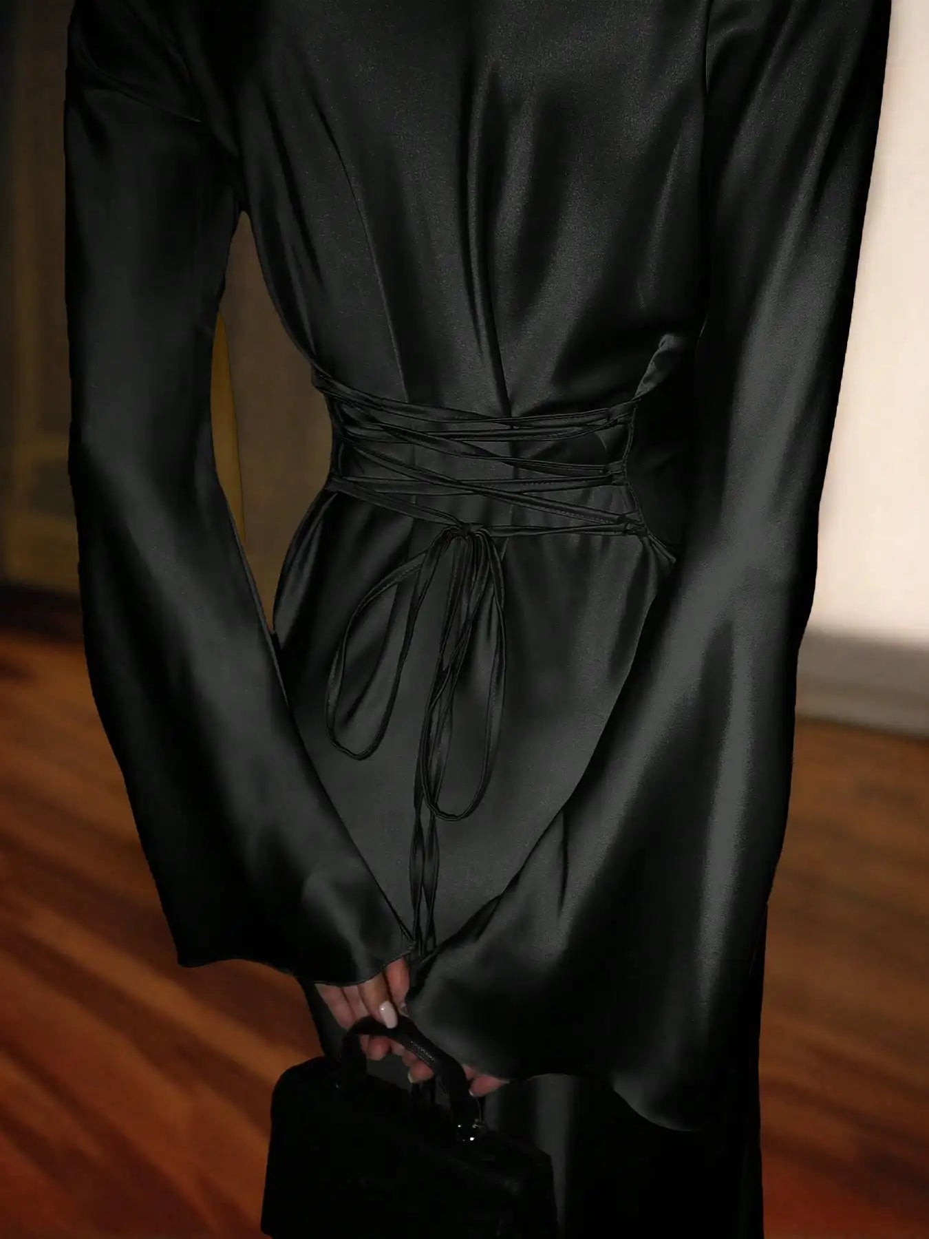 Women's Bespoke Satin Maxi Dress with Corset Waist Tie Classic Round Neck & Dramatic Flared Sleeves Luxury Evening Dress