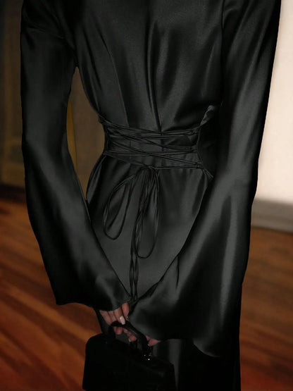 Women's Bespoke Satin Maxi Dress with Corset Waist Tie Classic Round Neck & Dramatic Flared Sleeves Luxury Evening Dress