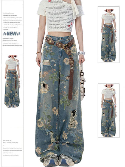 Women Y2k Graphic Print Ripped Jeans Baggy Harajuku 90s Aesthetic Denim Trousers Vintage Japanese 2000s Style Trashy Jean Pants