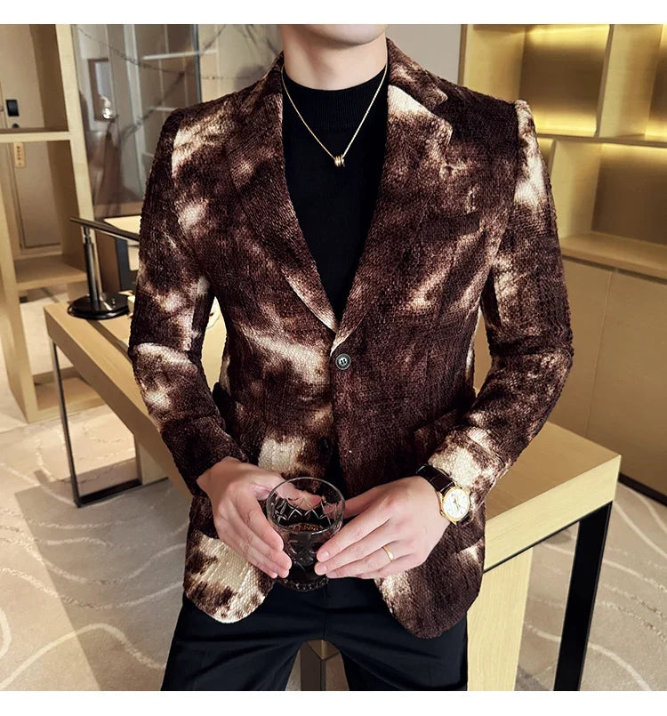 High QualityTie Dye Chenille Men Fashion Casual Suit Jacket Autumn Winter New Korean Slim Fit Social Wedding Suit Blazer