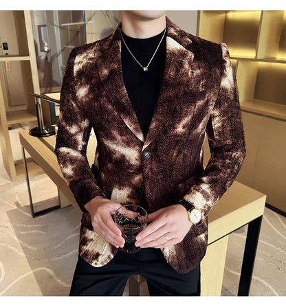 High QualityTie Dye Chenille Men Fashion Casual Suit Jacket Autumn Winter New Korean Slim Fit Social Wedding Suit Blazer