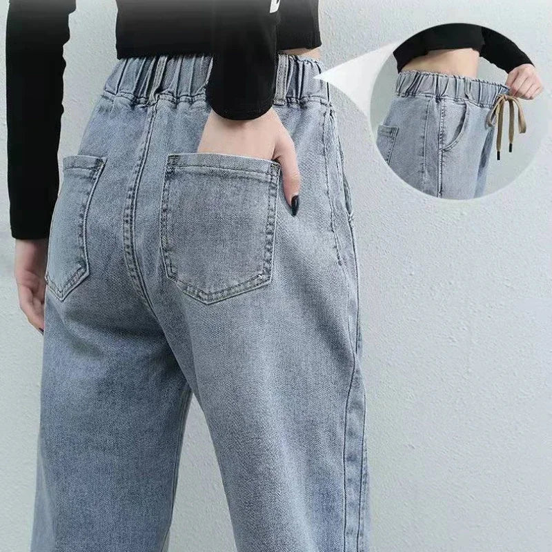 Cargo Jeans Women 2024 Spring and Autumn Korean Version of High Waist Pants Loose Slimming Straight Leg Bundle Haren Pants Tide