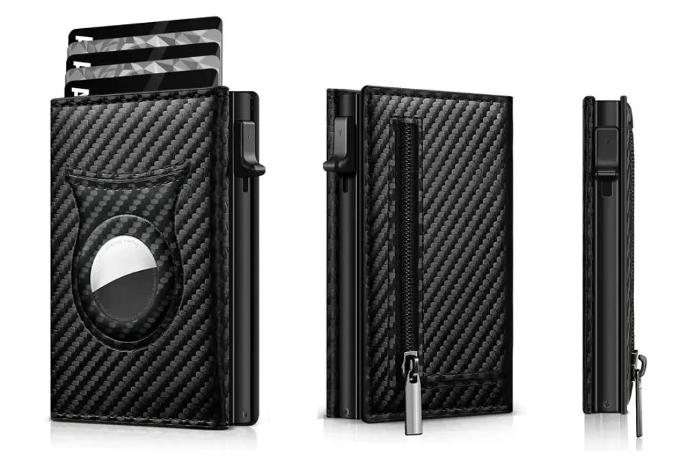 Men's Carbon Fiber Magnetic Card Clip Leather RFID Triple Fold Card with Zipper Wallet Pop Up Smart AirTag Wallet