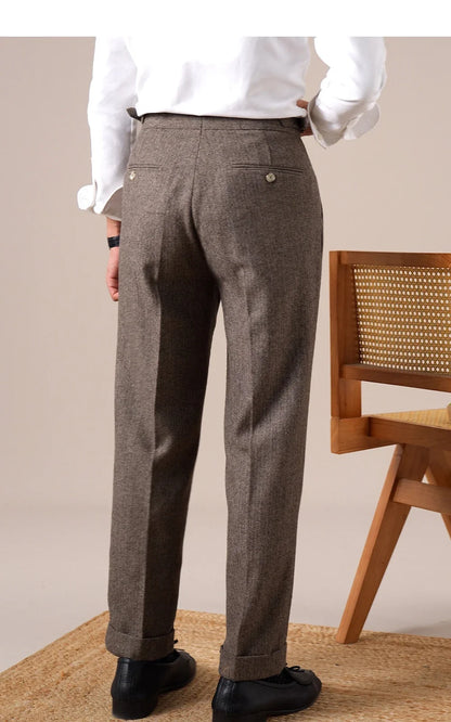 Autumn Herringbone Dress Pants For Men Naples Men's Wool Blend High Waist Social Casual Versatile Long Pants Office Trousers Men