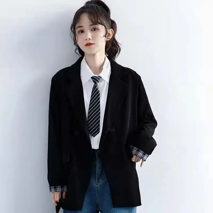 Petite Women's Spring Autumn Black Rolled Cuffs Blazer New Arrival Loose Vintage Casual Plaid Korean Style Chic Suit Jacket