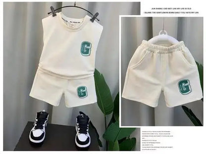 Summer Children Boys 2PCS Clothes Set Cotton Letter Bear Sleeveless Tops Tee Suit Thin Cool Sporty Shorts Kid Babys Boys Outfits