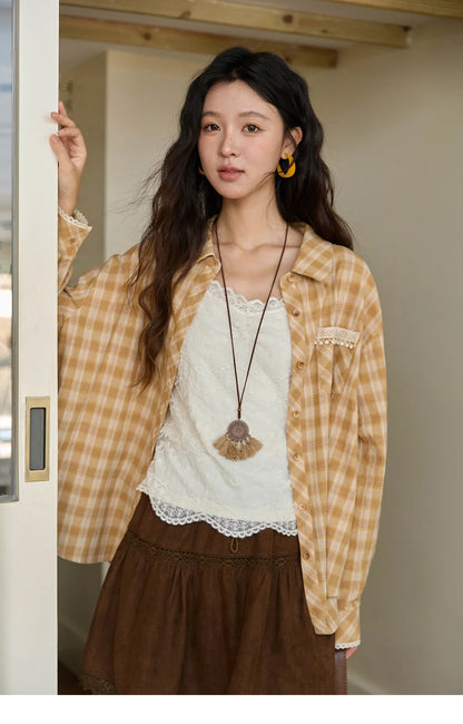 Women's Retro Plaid Long Sleeved Shirt 2025 Autumn Korean Loose Casual Plaid Top with Lace Pocket Lapel Shirts MXE43C2378