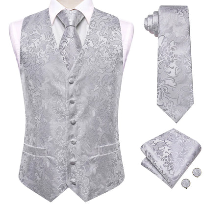 Men's Floral Vest & Tie Hanky Cufflinks Set – Formal Biege Grey White Waistcoat for Weddings Events Party Gift