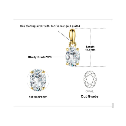 Moissanite D Color 1ct 2ct Oval S925 Sterling Silver Pendant Necklace for Woman No Chain Yellow Rose Gold Plated
