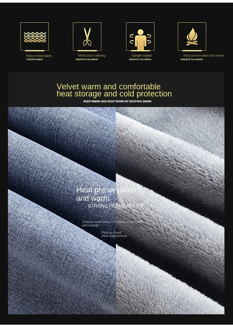 Winter Fleece Thick Warm Jeans Classic Brand Business Casual Men's Fitted Straight Stretch Mid-high Waist Denim Jeans