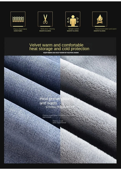 Winter Fleece Thick Warm Jeans Classic Brand Business Casual Men's Fitted Straight Stretch Mid-high Waist Denim Jeans